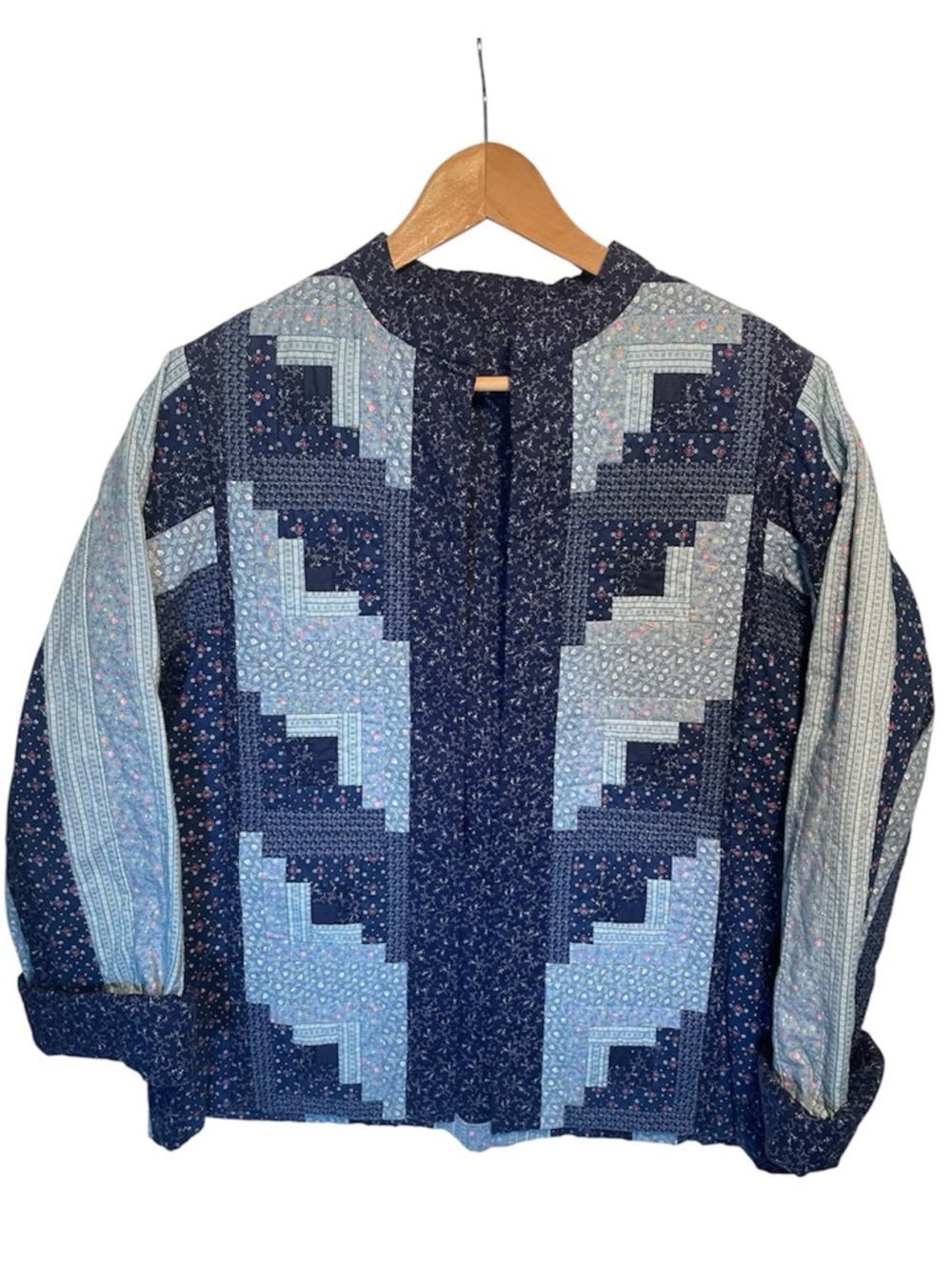 Homemade Quilted Coat Jacket Vintage Style Large Blue Log Cabin